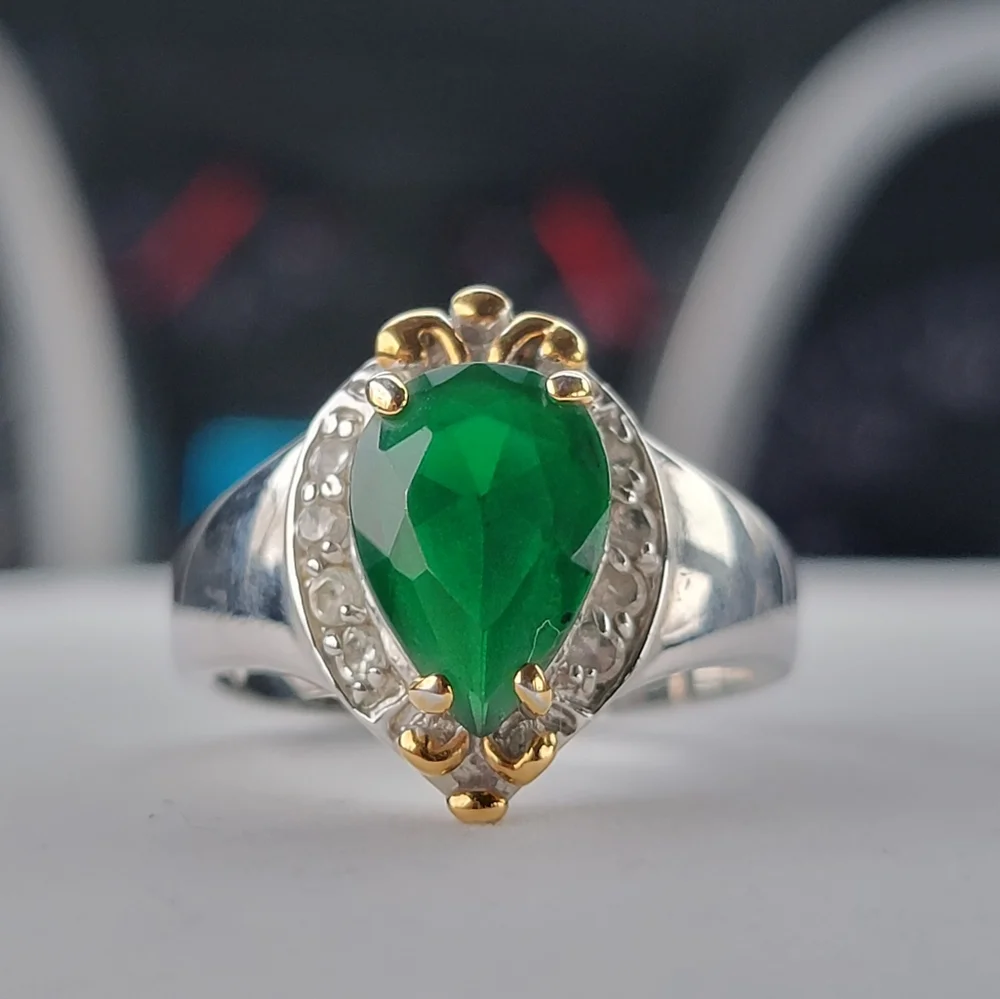 Emerald Teardrop Silver Ring Simulated Diamond Gemstone Gold Tone Accent sz 12